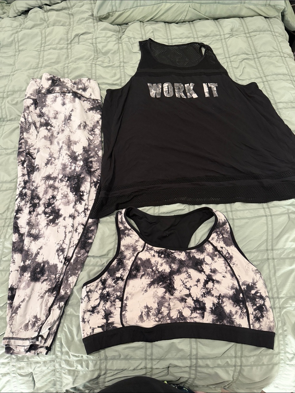 Black 'Work It' Mesh Tank with Black & White Tie-Dye Sports Bra and Leggings Set